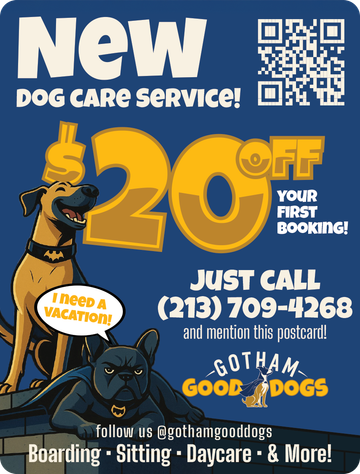 Ad on the card: Gotham Good Dogs